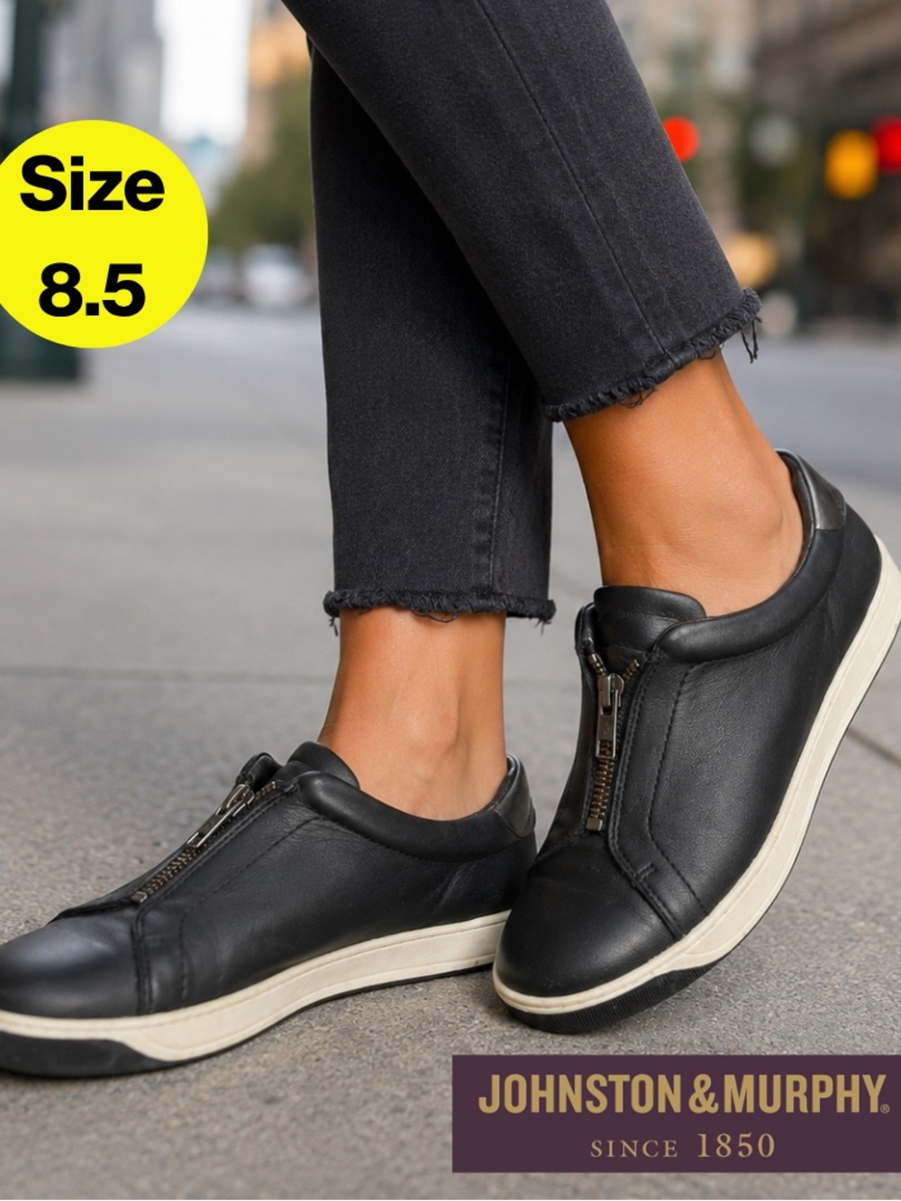 JOHNSTON& MURPHY 🖤Black Leather Zip-Front Women Sneakers, Cream Sole (Size 8.5)